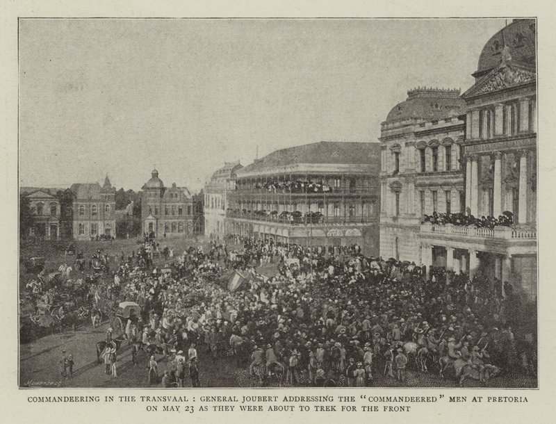 Beschlagnahmung im Transvaal, General Joubert spricht zu den beschlagnahmten Männern in Pretoria am 23. Mai, bevor sie an die Front ziehen von English Photographer