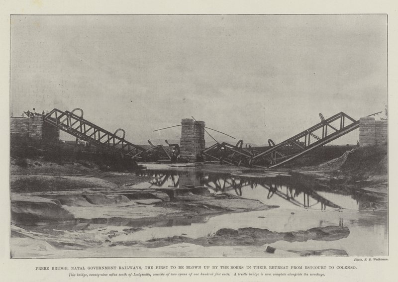 Frere-Brücke, Natal Government Railways, die erste von den Buren in ihrem Rückzug von Estcourt nach Colenso gesprengte Brücke von English Photographer