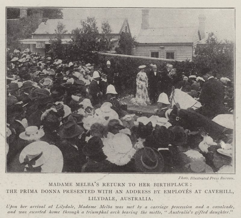 Madame Melbas Rückkehr zu ihrem Geburtsort, die Primadonna wird von Angestellten in Cavehill, Lilydale, Australien, mit einer Adresse geehrt von English Photographer