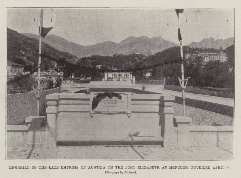 Denkmal für die verstorbene Kaiserin von Österreich auf der Pont Elizabeth in Mentone, enthüllt am 30. April von English Photographer