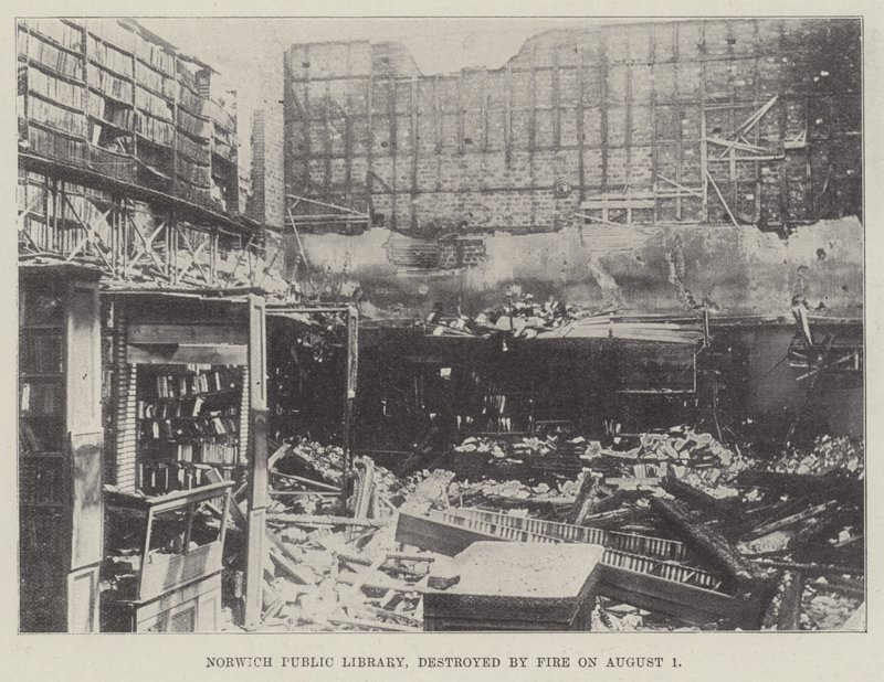 Öffentliche Bibliothek von Norwich, durch Feuer am 1. August zerstört von English Photographer