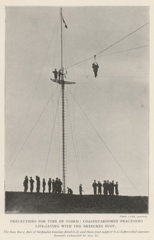 Vorsichtsmaßnahmen bei Sturm, Küstenwächter üben Lebensrettung mit dem Breeches Buoy von English Photographer