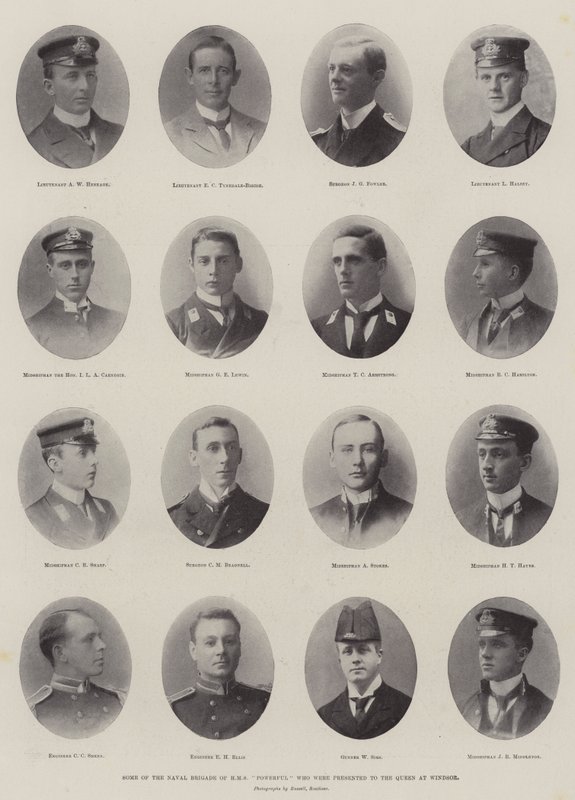 Einige Mitglieder der Marinebrigade der HMS Powerful, die der Königin in Windsor vorgestellt wurden von English Photographer