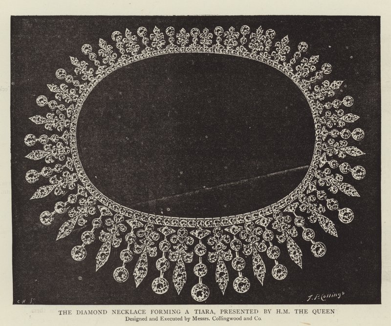 Die Diamantkette, die eine Tiara bildet, präsentiert von Ihrer Majestät der Königin von English Photographer