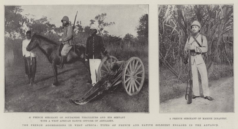 Die französischen Aggressionen in Westafrika, Typen von französischen und einheimischen Soldaten im Vormarsch von English Photographer