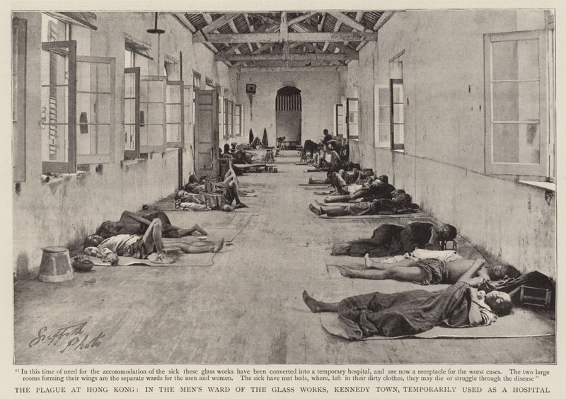 Die Pest in Hongkong, im Männerkrankenhaus der Glaswerke, Kennedy Town, vorübergehend als Krankenhaus genutzt von English Photographer