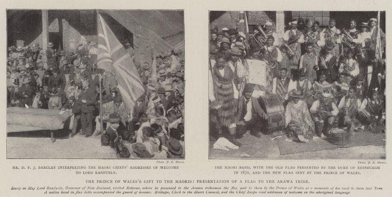 Das Geschenk des Prinzen von Wales an die Maoris, Übergabe einer Flagge an den Arawa-Stamm von English Photographer