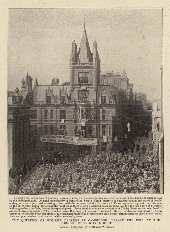Die Frage der Frauendegrees in Cambridge, vor der Abstimmung an der Ecke der Trinity Street von English Photographer