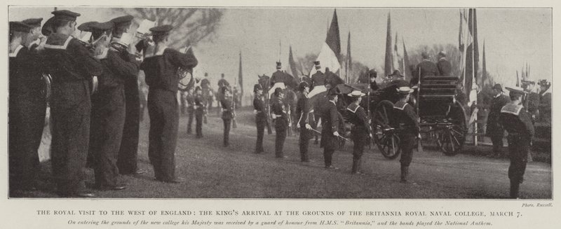 Der königliche Besuch im Westen Englands, die Ankunft des Königs auf dem Gelände des Britannia Royal Naval College, 7. März von English Photographer