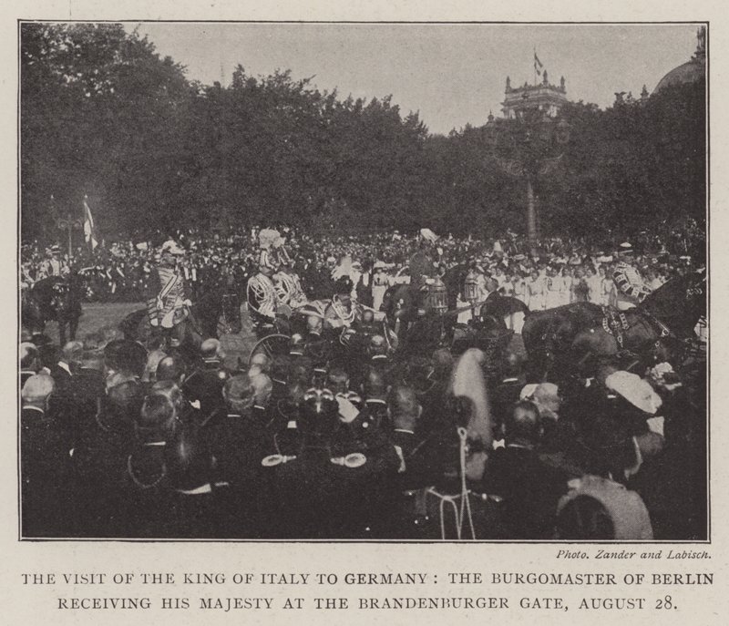 Der Besuch des Königs von Italien in Deutschland, der Bürgermeister von Berlin empfängt Seine Majestät am Brandenburger Tor, 28. August von English Photographer