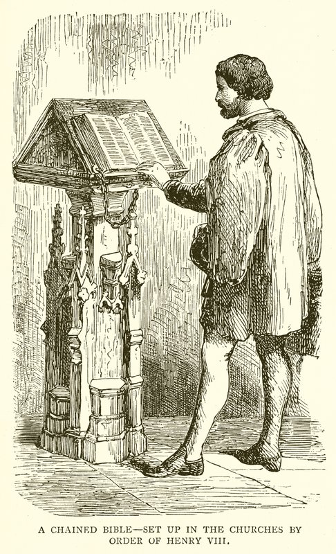 Eine angekettete Bibel – Aufgestellt in den Kirchen auf Befehl von Heinrich VIII. von English School