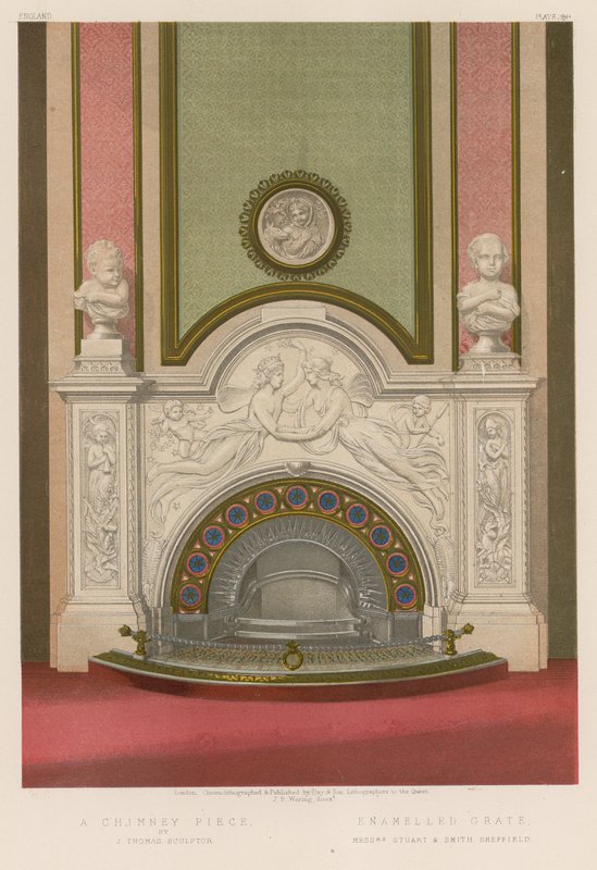 Ein Kaminstück von J. Thomas, Bildhauer; emaillierter Rost, Messrs Stuart und Smith Sheffield von English School
