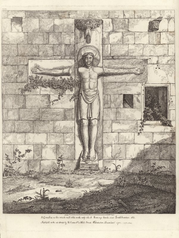 Ein Kruzifix an der Außenwand des südlichen Querschiffs der Rumsey-Kirche von English School