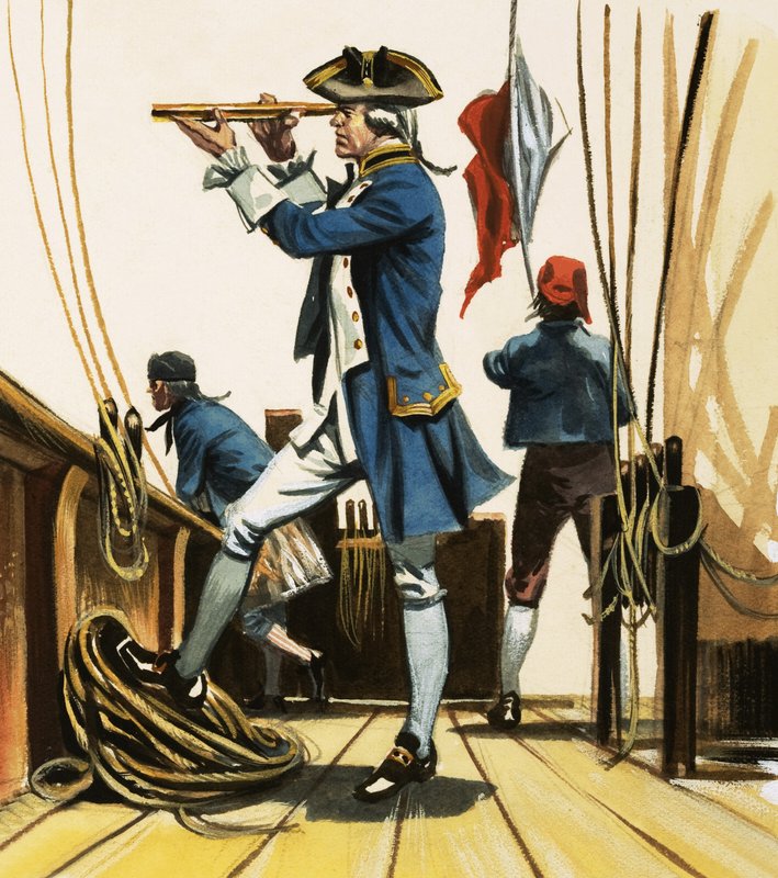 Ein Leutnant mit einem Fernrohr beobachtet die Schlacht am Nil von English School