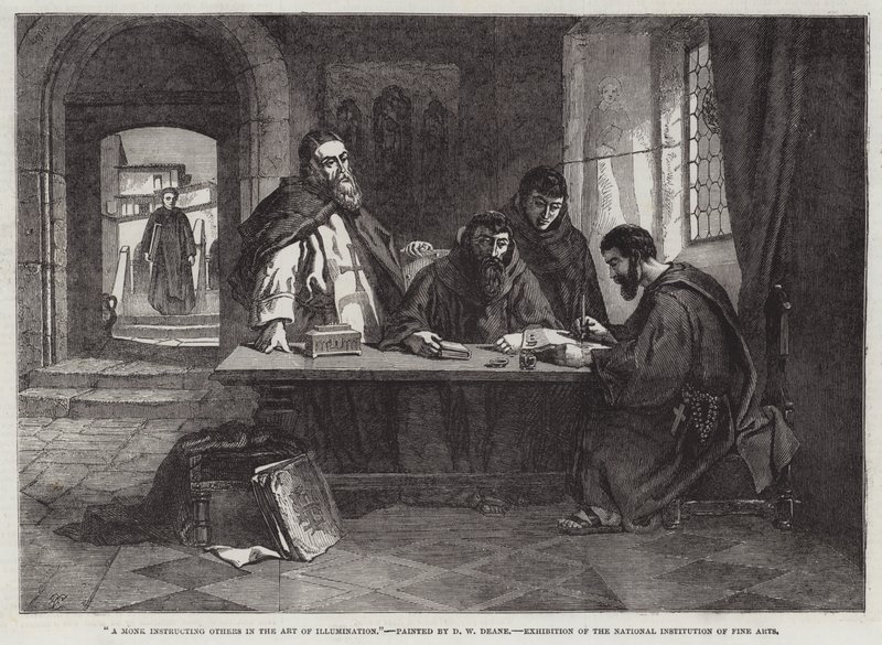 Ein Mönch unterrichtet andere in der Kunst der Illumination von English School