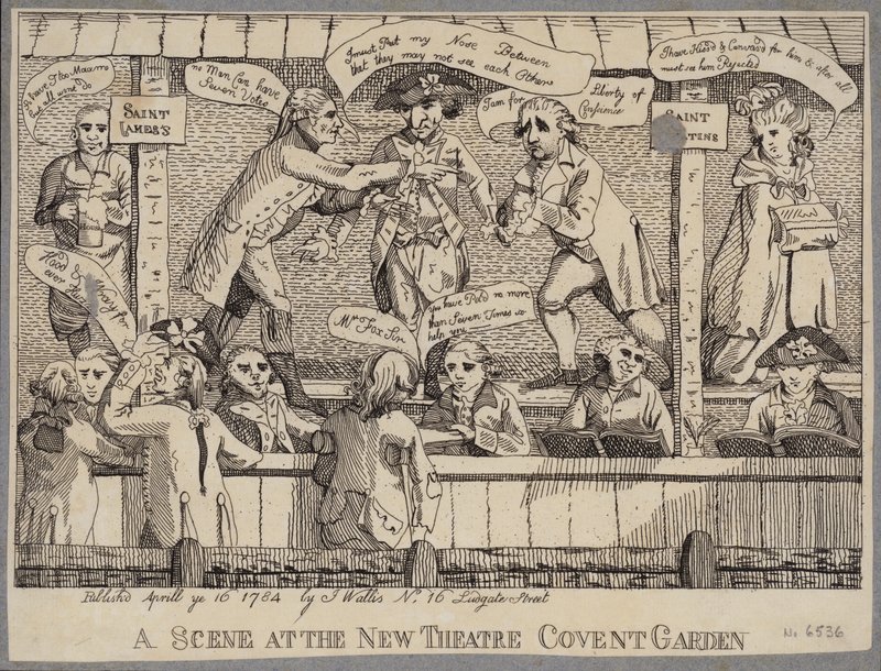 Eine Szene im New Theatre, Covent Garden: Satire, die eine politische Wahlkampfveranstaltung in Covent Garden, London, darstellt von English School