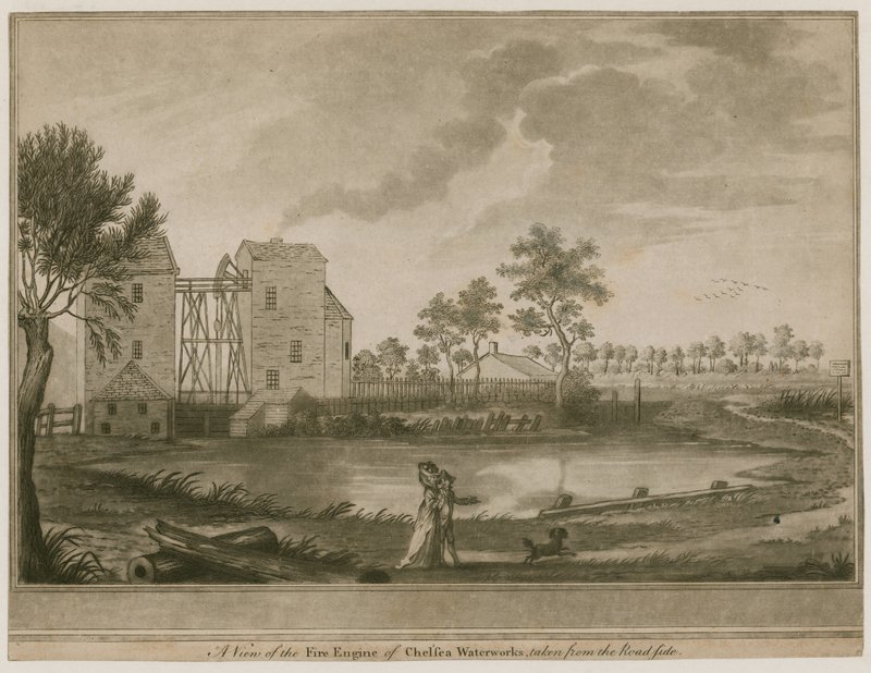 Ansicht der Feuerwehr von Chelsea Waterworks, von der Straßenseite aus gesehen von English School