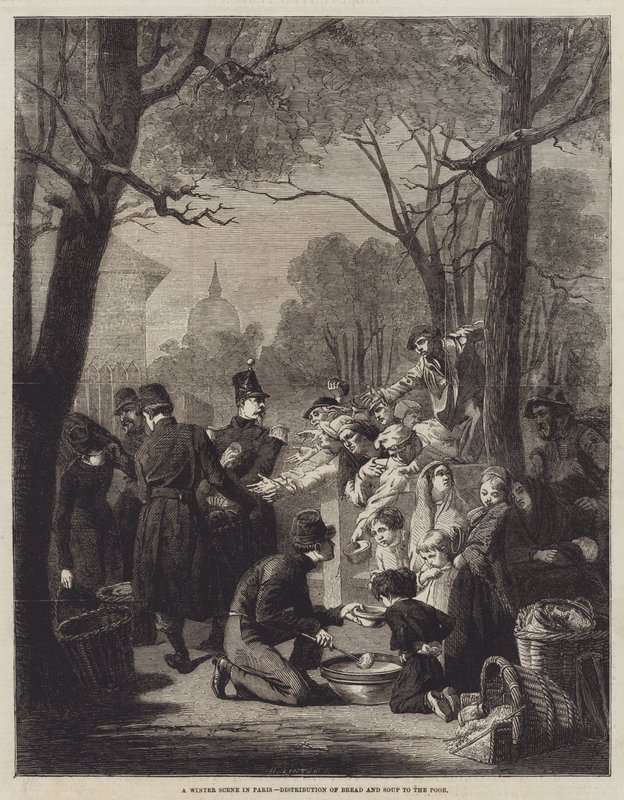 Eine Winterszene in Paris, Verteilung von Brot und Suppe an die Armen von English School