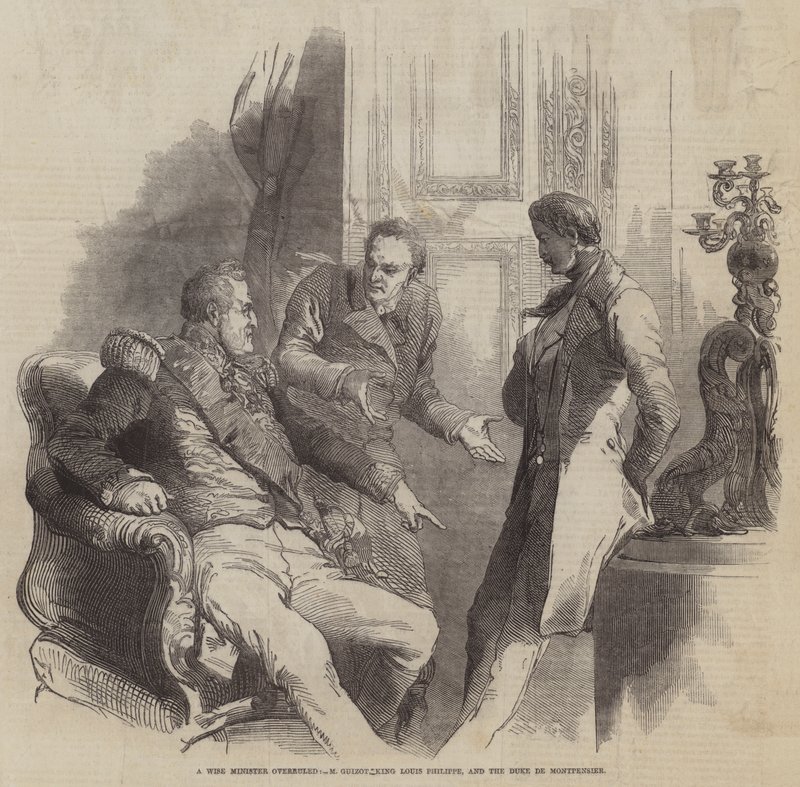 Ein weiser Minister überstimmt, M. Guizot König Louis Philippe und der Herzog von Montpensier (Gravur) von English School