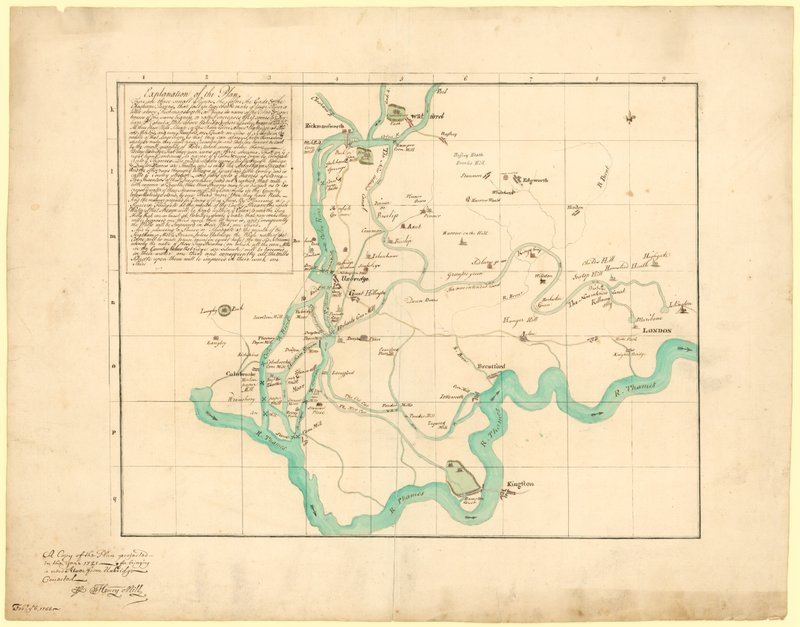 Eine Kopie des im Jahr 1721 geplanten Plans zur Einführung eines neuen Flusses von Uxbridge, korrigiert am 6. Februar 1766 von English School