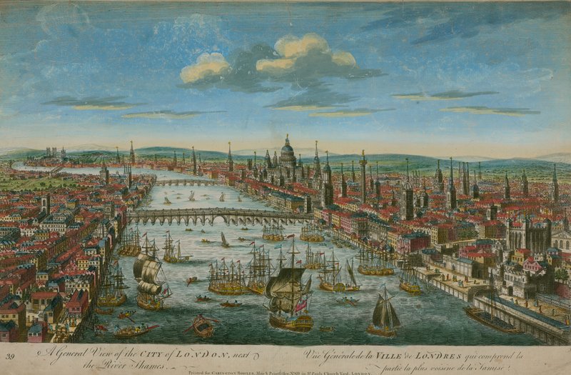 Ein allgemeiner Blick auf die Stadt London, neben der Themse von English School