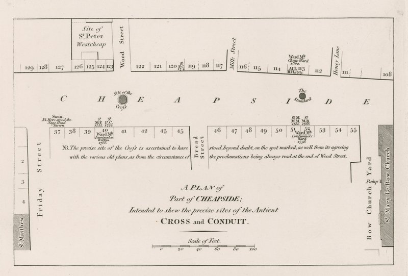 Ein Plan von Cheapside, London, der die genauen Standorte des alten Kreuzes und der Wasserleitung zeigt von English School