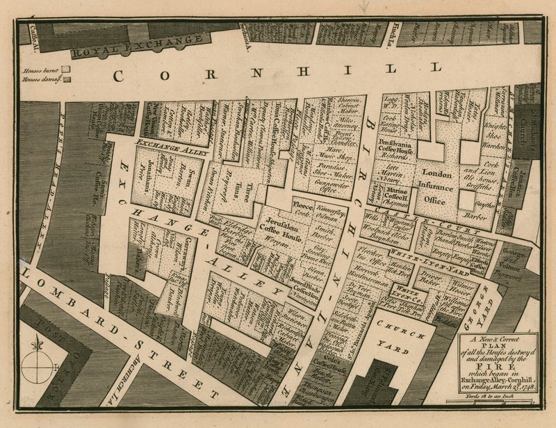 Ein Plan der durch das Feuer zerstörten Häuser, das am 25. März 1748 in Exchange Alley, Cornhill, London, begann von English School