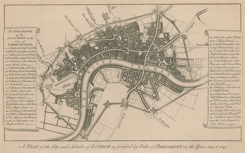 Ein Plan der Stadt und Vororte von London, wie sie in den Jahren 1642 und 1643 auf Befehl des Parlaments befestigt wurden von English School