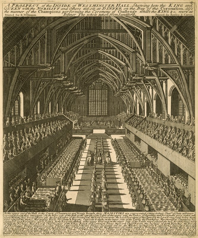 Einblick in die Westminster Hall, wie der König und die Königin mit dem Adel und anderen am Krönungstag zu Tisch saßen von English School