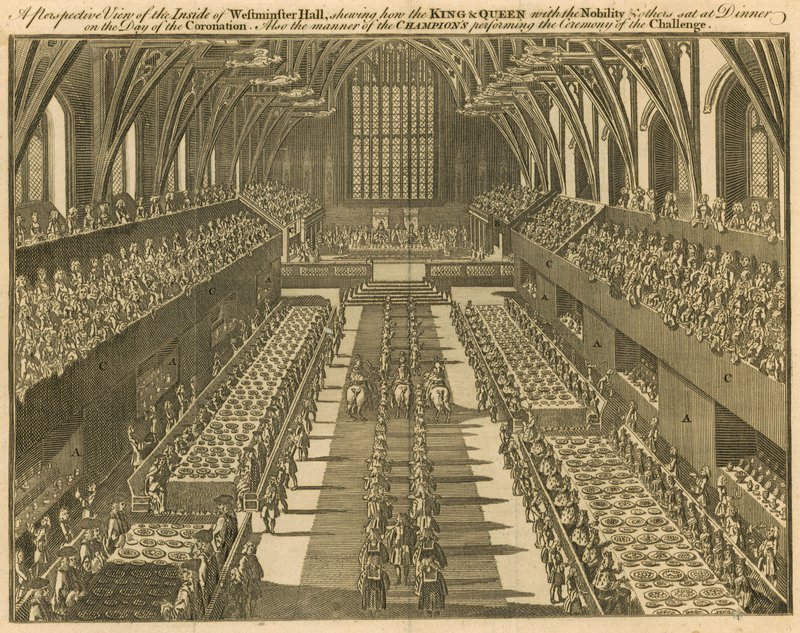 Einblick in die Westminster Hall, wie der König und die Königin mit dem Adel und anderen am Krönungstag zu Tisch saßen von English School