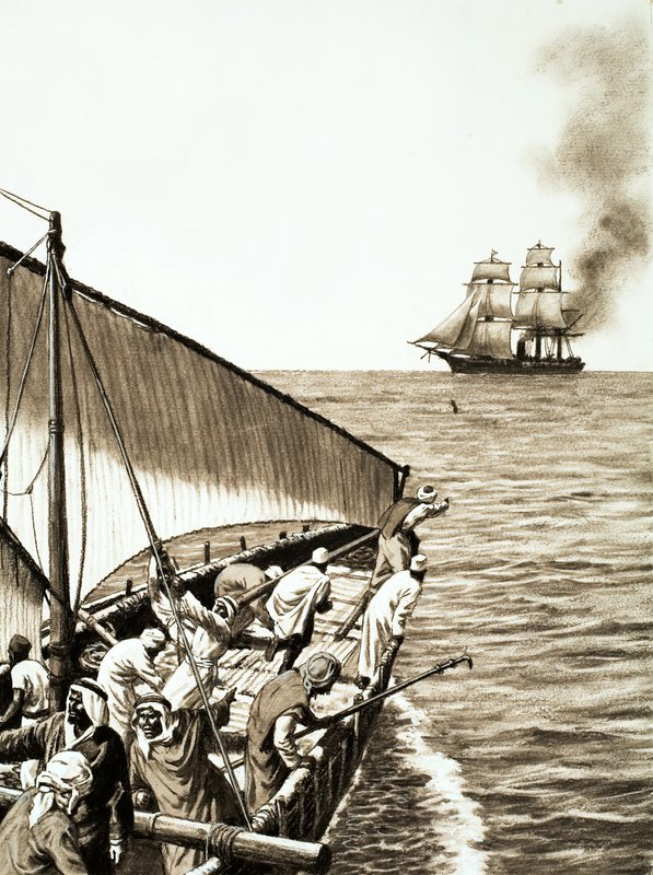 Ein Dampfschiff am Horizont, eine arabische Dhow im Vordergrund von English School