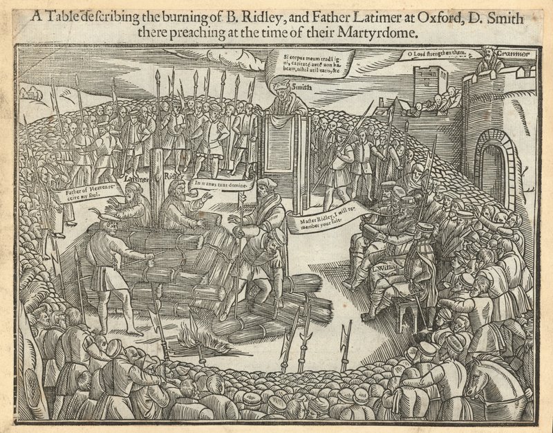 Eine Tafel, die das Verbrennen von Bischof Ridley und Vater Latimer in Oxford beschreibt von English School