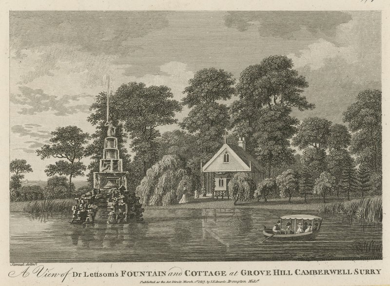 Ansicht der Brunnen und des Häuschens von Dr. Lettsom von English School
