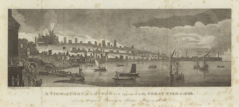 Ein Blick auf einen Teil Londons während des Großen Brandes von 1666 von English School