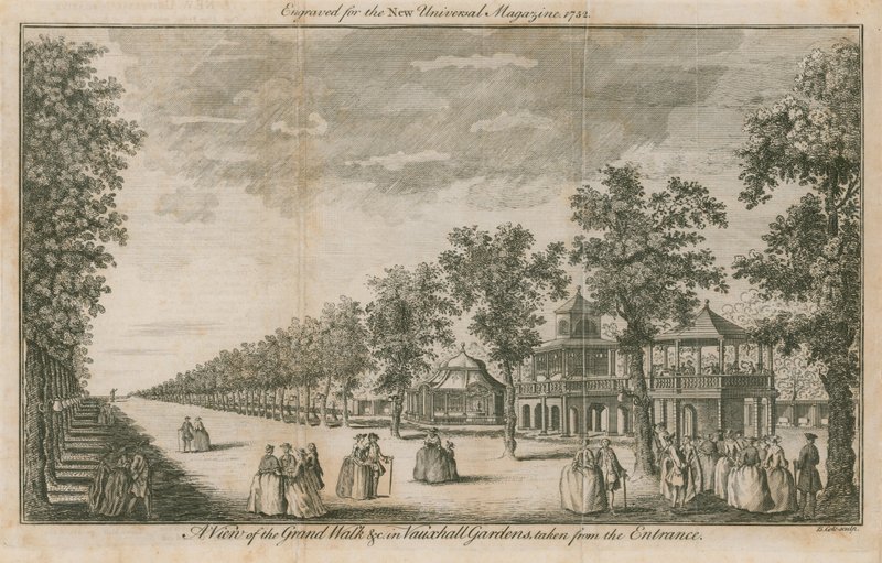 Eine Ansicht des Grand Walk in den Vauxhall-Gärten, London, vom Eingang aus gesehen von English School