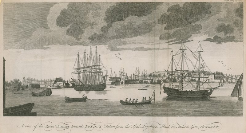 Eine Ansicht der Themse in Richtung London, aufgenommen vom Lord Ligoniers Head in Fishers Lane, Greenwich von English School