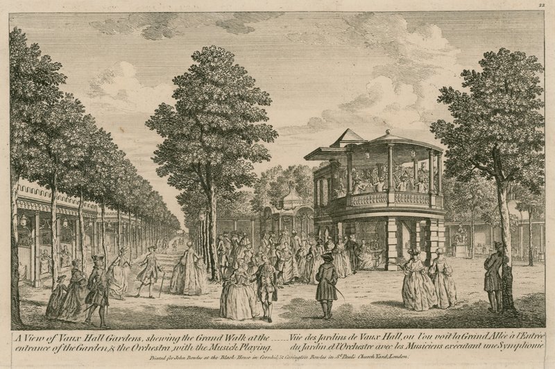 Eine Ansicht der Vauxhall-Gärten, London, zeigt den Grand Walk am Eingang des Gartens und das Orchester mit Musik von English School