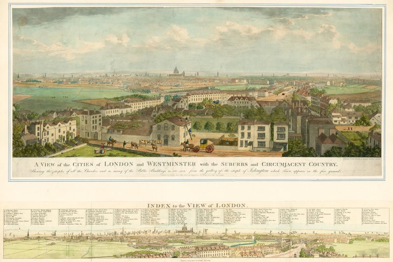 Ansicht der Städte London und Westminster mit den Vororten und umliegenden Gebieten von English School