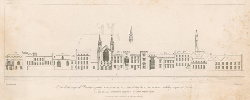 Eine Ansicht der Gebäude neben der Westminster Hall und mit Blick auf den Fluss Thames von English School