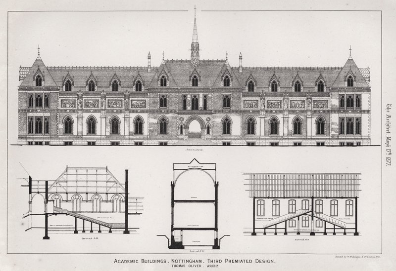 Akademische Gebäude, Nottingham, dritter prämierter Entwurf (Stich) von English School