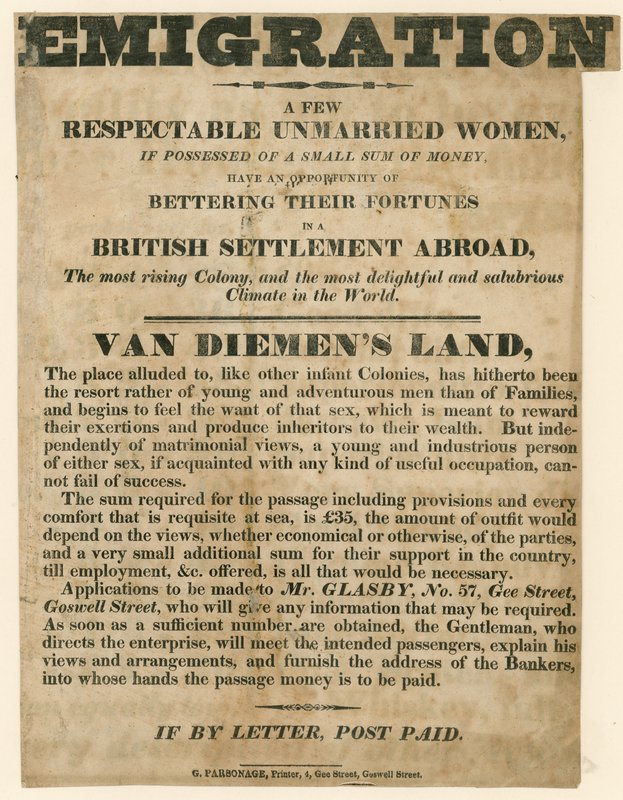 Anzeige zur Auswanderung junger Frauen nach Van Diemens Land von English School