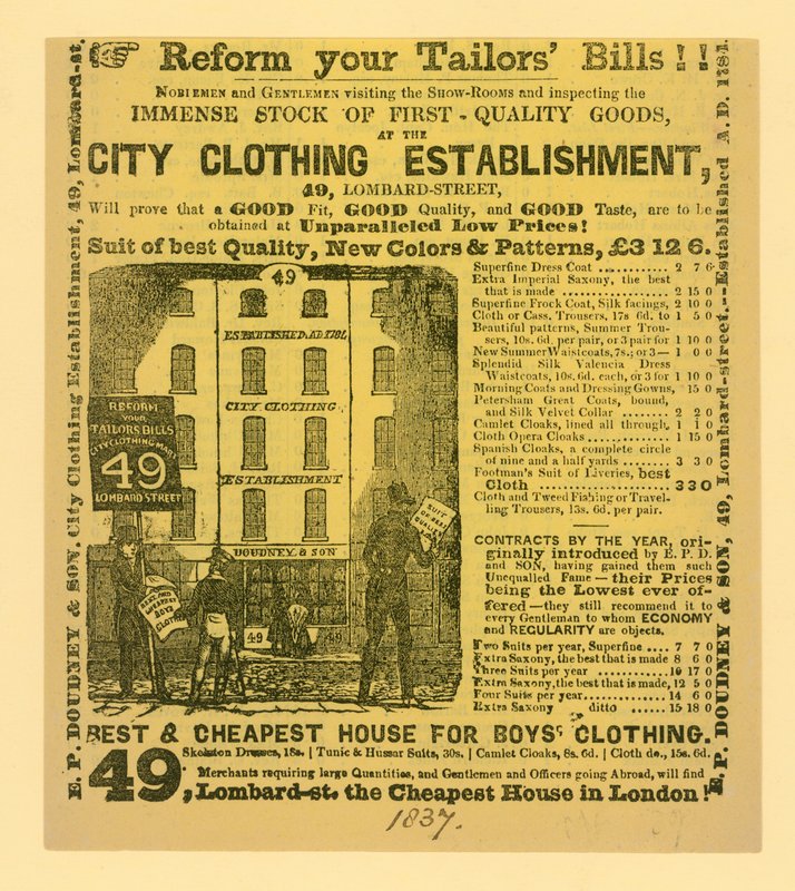 Werbung für Doudney & Son, City Clothing Establishment, 49 Lombard Street, London von English School