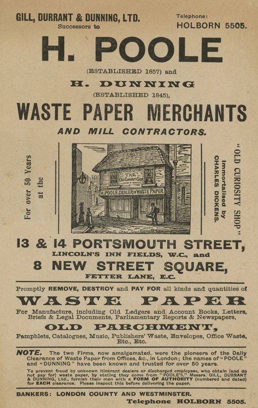 Werbung für H Poole und H Dunning, Altpapierhändler und Mühlenunternehmer von English School