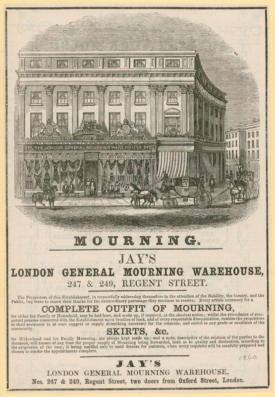 Anzeige für Jays, London General Mourning Warehouse, 247 & 249 Regent Street, London von English School
