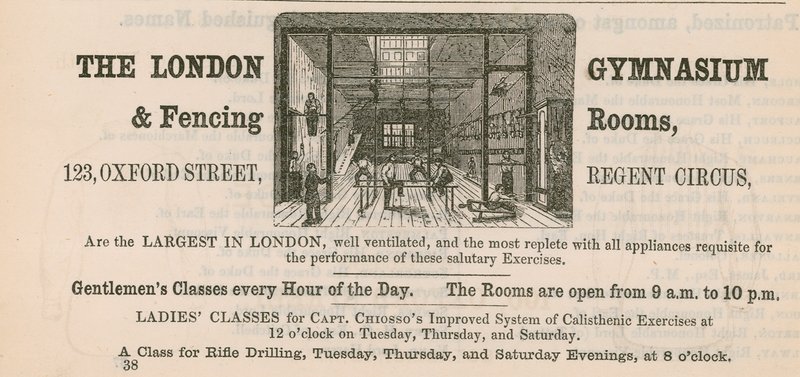 Werbung für das Londoner Gymnasium & Fechträume, 123 Oxford Street, Regent Circus von English School