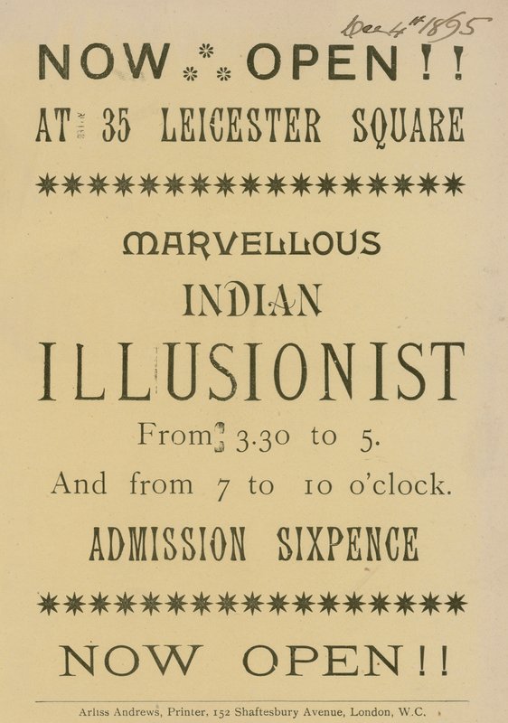 Werbung für einen indischen Illusionisten, der in 35 Leicester Square, London, auftritt von English School