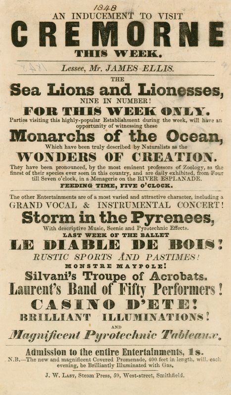 Werbung für das Auftreten von Seelöwen und Löwinnen in den Cremorne Gardens, London im Jahr 1848 von English School