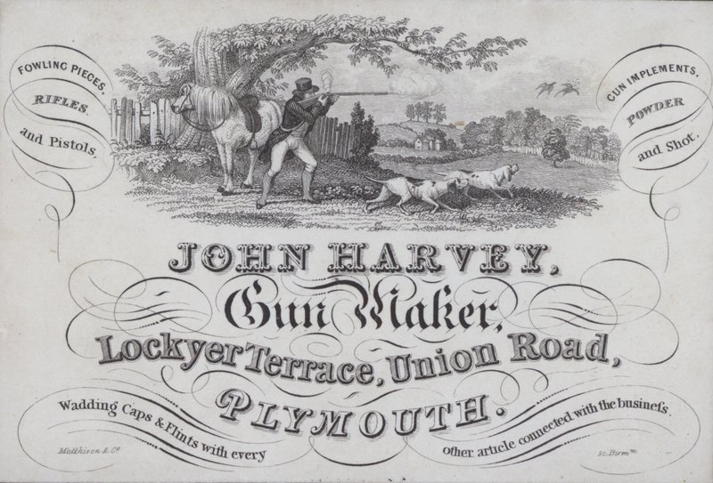 Werbung für John Harvey, Büchsenmacher, Plymouth, Devon von English School