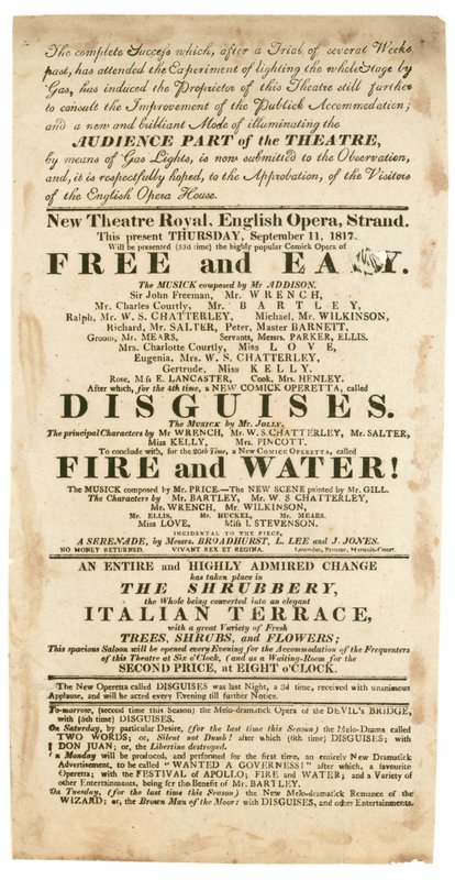 Werbung für das New Theatre Royal, English Opera, Strand, London, für den 11. September 1817, Erwähnung von Gasbeleuchtung von English School