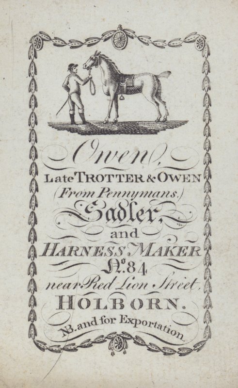 Werbung für Owen, Sattler und Geschirrhersteller, London von English School